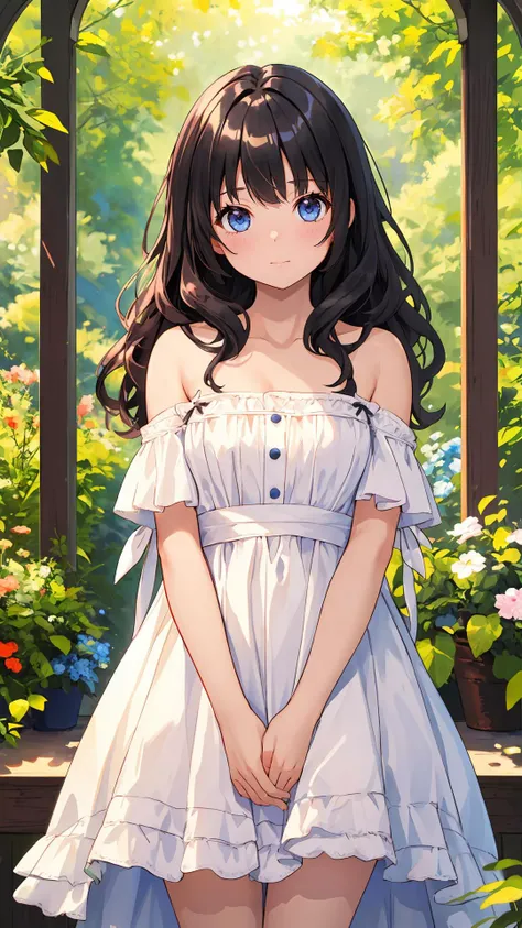 (masterpiece:1.4),(best quality:1.4),
looking at viewer, 1girl, bright skin, (shiny skin:1.2), curious face,natural wavy, black hair, cowboy shot, fringe, dress, day,