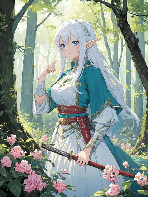 masterpiece, high quality, day time, incredible lighting, vibrant colors, forest clearing, grove, flowers, massive trees, serene, reasonable structure, incredible view, high detail, abundant, 8k, concept art, high detail, distinct, concept, epic, <lora:Ghibli_v4:0.3>, (beautiful anime elf, gorgeous, pretty face:1.2), <lora:GoodHands-beta2:0.75>, character portrait, serene expression, <lora:tangbohu-line_1.0:-0.2>