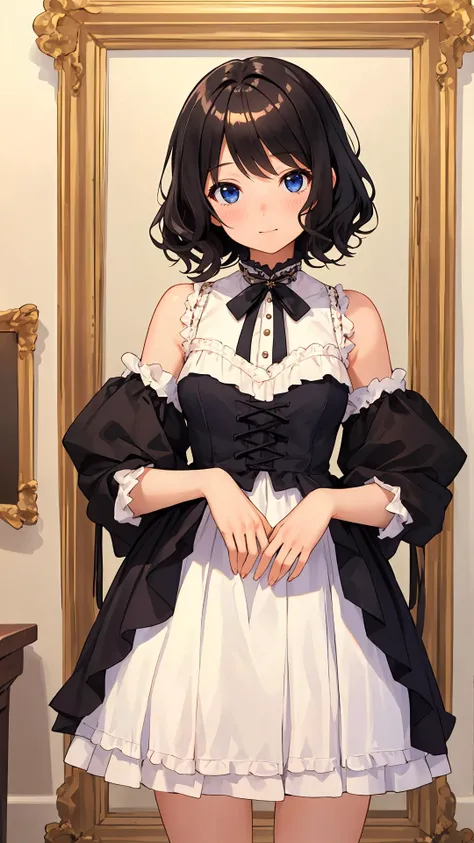 (masterpiece:1.4),(best quality:1.4), 
looking at viewer, 1girl, bright skin, (shiny skin:1.2), curious face,natural wavy, black hair, cowboy shot, fringe, dress, day,