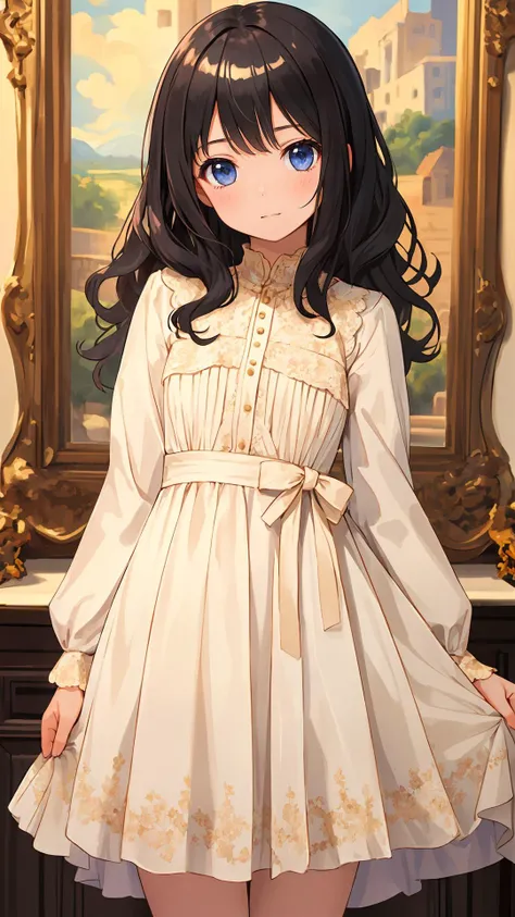 (masterpiece:1.4),(best quality:1.4),
looking at viewer, 1girl, bright skin, (shiny skin:1.2), curious face,natural wavy, black hair, cowboy shot, fringe, dress, day,