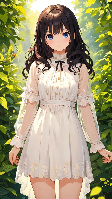 (masterpiece:1.4),(best quality:1.4),
looking at viewer, 1girl, bright skin, (shiny skin:1.2), curious face,natural wavy, black hair, cowboy shot, fringe, dress, day,