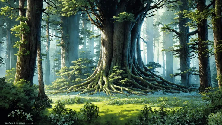 forest, (massive trees, huge roots, ancient forest), serene, reasonable structure, incredible view, high detail, abundant, 8k, realistic light and dark relationship, concept art, high detail, distinct, concept, epic, white lilies, flowers, forest clearing, heart of the forest, <lora:Ghibli_v4:1>