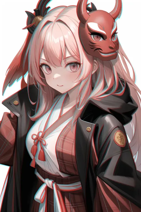 (best quality, masterpiece, highres),1girl,solo,pink eyes,tengu mask,coat,plaid dress,sigma 85mm,dynamic_angle,<lora:chromatic aberration v2.04g:1.5>,