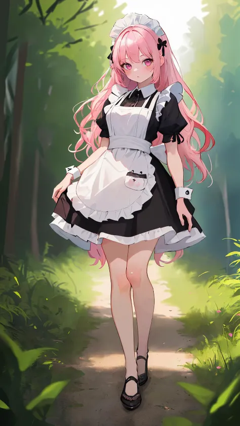 (masterpiece:1.4),(best quality:1.4),(absurdres:1.4),(looking at viewer),(intricate details:1.2), (extremely detailed:1.2), nature,
outdoors, (shiny skin:1.2), 1girl, (cinematic lighting), (detailed background:1.2),
bangs, natural wavy, very long hair,
day with sunlight,
curious face,
full body,
standing,
bare legs,
maid,
pink eyes with pink hair,