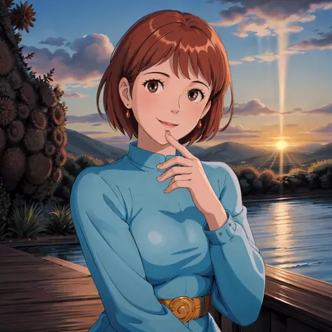 <lora:Nausicaa005:0.5>,<lora:add_detail>,<lora:boldline:-0.5>,<lora:noline:0.3>,looking at viewer,smile,
1girl,brown hair,brown eyes,short hair,
blue_dress,long_sleeves,sunset,
