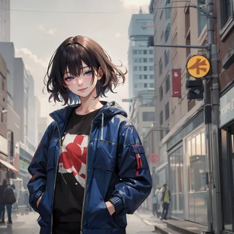 Anime girl in a blue jacket standing on a city street - SeaArt AI