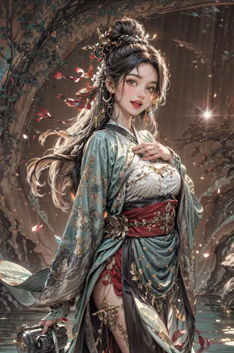 <(best quality, extremery best quality, masterpiece:1.4), (realistic, intricate details:1.4), (photorealistic:1.4), (extremely intricate:1.4), highres, ultra highres, ultra detailed, ultra-detailed, absurdres, incredibly absurdres, extremely detailed, high quality, high resolution, hyperrealistic, ultra-realistic, hyper-detailed, top quality, best, fine detail, massive detail, Highly detailed, extreme detailed, highest detailed, high-res, absolutely resolution, reflection, (refraction:1.4), (hyperrealism:1.4), ultra realistic details, highly intricate details>, BREAK, (1girl:1.3), solo, looking at viewer, (young cute beautiful 18-year-old girl:1.4), 3d face, (hand of Guido Daniele:1.4), beautiful girl, Beautiful face, pretty, girlface, kpop idol, supermodel, stunning innocent symmetry face, perfect body, medium breast, slim waist, slim legs, (high detailed skin:1.5), glowing eyes, goddess, natural skin texture, shiny skin, White skin, Beautiful detailed face, detailed face, real skin texture, cute delicate face, finely detailed face, golden ratio, golden ratio face, expressive eyes, perfect face, perfect skin, flawless face, clear face, shiny hair, pale skin, Proper body proportion, perfect anatomy, realistic skin texture, luscious lips, glossy lips, natural makeup, beautiful bright pupils, slender figure, intricate eyes, detailed pupils, detailed face and eyes, longeyelashes, blush, good hand, perfect hands, pretty face, beautiful female bodies, finely detailed skin, oily shiny skin, clean facial features, an extremely delicate and beautiful, cute & girly, beautiful detailed eyes, stars in the eyes, detailed simmetric eyes, perfect smooth skin texture, BREAK, (((((brilliant colors, (joshua middleton comic cover art, theater dance scene, hypermaximalist, ink painting, instagram contest winner, model pose, fashion color scheme, trending on cgsociety, playful illustrations, imaginative overlays, artistic fusion, fantastical scenes, evocative narratives, striking visuals:1.3), (Glowing ambiance, enchanting radiance, luminous lighting, ethereal atmosphere, mesmerizing glow, evocative hues, captivating coloration, dramatic lighting, enchanting aura:1.2), (moon, palace, Hibiscus, nymphaea, plum blossoms, a girl in hanfu, melanchonic soft light, photorealistic faces, moody lighting:1.4), (night, Night time, moon light, Golden Hour, sky, landscape, stars, starry, galaxy sky, milky way, night sky full of stars:1.2), (dancing, mountain, river, old tree, Ribbon, Elegant, She soared through the air in her flowing dress and fluttering ribbons, Graceful and graceful, pine trees, birds, moss, there is orange cat sitting near girl:1.2), (hanfu, ornaments detailed, traditional clothes, braids, water, jewelry, chinese clothes, earrings, sash, long sleeves, tree, petals, hair ornament, floating hair, dress, rock, falling petals, flower, chinese traditional architecture, ancient art, chinese style, Chinese, lake background, chinese buildings, misty lake, ancient chinese background, after the rain, wet grass and trees, waterfall, flying splashes, flying petals, leaves, bloom, bloom effect, surrounded by heavy floating petal flow, petal, leaves falling from the tree, peaceful atmosphere, mountainous backdrop, authentic cultural experience, quiet whispers, hushed conversations, tranquil silence, crisp air, soulful melodies, a sense of belonging, bonding with nature, quiet reflection, random patterns, energetic movement, bold colors, dynamic texture, spontaneous creativity:1.2), (smile, blush, Pink hair, Pink eye, long hair, Pink eyelashes, Pink lips, Pink lip colour, Eyes glowing Pink, flat bangs, happy expression, warm smile, cute smile, smiling:1.4), (long_hair, mountain background, forest, river in background, landscape, water reflection, outdoors:1.3), (mountains, breeze, dust is drifting, ethereal, scenery, nature, mysterious background, fog, wind:1.2), (iridescent colors, Iridescence, mysterious, fantasy background, fantasy, open mouth:1.2), (Luminescent Particles:1.3), (fullbody:1.2), (eye focus, face focus, character focus, close-up face:1.2), (dutch angle, cowboy shot:1.3), colorful refraction)))), BREAK, <hyper realistic DSLR photo, Nikon D5, cinematic portrait, portrait, ultra sharp, analog film photography, film emulation, bokeh, blurry noise background, watercolor, available light, detailed light, volumetric fog, beautiful lighting, Rembrandt lighting, Cinematic, pixel art, game art, key visual, surreal, PBR Texturing, Anisotropic Filtering, Maximum Clarity And Sharpness, Albedo And Specular Maps, Multi-Layered Textures, Surface Shading, Sub-Pixel Convolution, Sub-Pixel Convolution, Accurate Simulation Of Light-Material Interaction, blurry foreground, broad light, volumetric light effect, matte painting, perfectly defined features, volumetric lighting, Tone Mapping, Lumen Reflections, Global illumination, Ray Tracing, Screen Space Global Illumination, Accent Lighting, 32k, Natural Lighting, volumetric, cinematic masterpiece, Rule of thirds, high dynamic range, Multi-exposure HDR capture, cinematic render, game cg cinematic, atmospheric perspective, movie scene, epic dynamic frame, motion blur, ((cinematic look, Film look)), rim light, 4k textures, adobe lightroom, photolab, insane details, hyperdetailed, exposure blend, professional color grading, professional color correction, aerial perspective, particles and dust in beams of light, cinematic scene, dynamic lighting, sharp details, lomography, soft focus, light leaks, bold hues, atmospheric depth, (explosive light and shadow:1.2), aesthetics, intricate designs, ultra realistic digital art, (zentangle, mandala, tangle, entangle), (fractal art), elegant, vivid colours, floating particles, particles, dramatic, epic, (ink drawing, oil painting detailed), RAW, huge filesize, extremery detailed CG, Photo, 8k uhd, cinematic atmosphere, trending on artstation, award-winning glamour photograph, highly detailed photo, official art, beautiful and aesthetic, unity 8k wallpaper, beautiful, highly detailed CG illustration, best illustration, intricate, Amazing, emotional, analog, painting, digital painting, concept art, Oil Painting, illustration, Classical art, Renaissance, Romanticism, Neoclassicism, Color Palette, depth and contrast, Vibrant colors, saturated, rich saturation, color harmony, vivid palette, concept-art, design style, detail character, concept render, colorful, analog photography, dreamy atmosphere, specular highlights, atmospheric lighting, (dynamic angle, dynamic pose :1.3), (shiny, clothes reflecting light, lens flare, bloom effect, light particle, lens glare:1.3), realistic light, realistic lighting, cinematic light, (cinematic lighting), light in the face, soft lighting, saturated colors, detailed background, sharp focus, 8k high definition, perspective, Master Composition, roughness, post-processing, soft shadows, realistic shadows, ambient occlusion, ray-tracing, subsurface scattering, photon mapping, physically-based rendering, octane rendering, unreal engine 5, ue5 rendering, Adobe After FX, dslr, RTX, Best character details, radiosity, sharp, antialiased, RAW photo, HDR, 8k, 4k, (((Photographed by Roger Deakins, using a RED Monstro 8K VV camera and a series of high-end lenses))), ((Hasselblad photography)), (film grain:1.4), Kodak portra 400, ((Fujifilm X-T5)), professional photograph, depth of field, caustics, Broad lighting, diffuse lighting, rim lighting, two tone lighting, textile details, visible pores, high resolution scan, professionally color graded, photographic reality, automatic white balance, best lighting, detailed shadow, high contrast, strong light and shadow>, (PureErosFace_V1:0.3), (ulzzang-6500:0.7), <lora:epiNoiseoffset_v3:2>, <lora:add_detail:0.7>, <lora:hipoly_3dcg_v7-epoch-000012:0.7>, (kbxll:0.7), <lora:more_details:0.7>, <lora:anxiang:0.55>