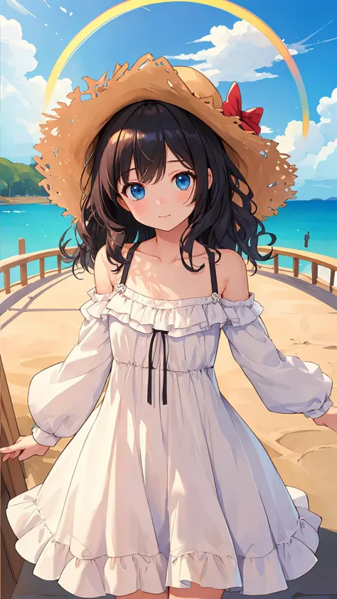 (masterpiece:1.4),(best quality:1.4),
looking at viewer, 1girl, bright skin, (shiny skin:1.2), curious face,natural wavy, black hair, cowboy shot, fringe, dress, day,