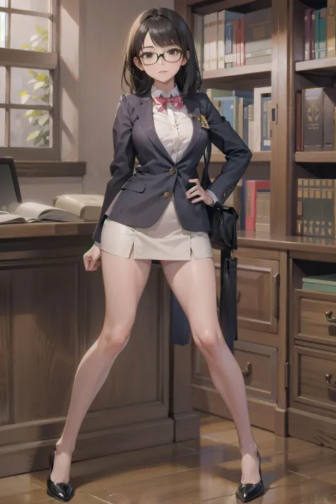 (top-quality、in 8K、32K、masterpiece、nffsw、超A high resolution、Impresionismo、Photorealsitic:1.2)、Colossal tits、cowboy shot, detailed faces and eyes、 Inside the classroom、Schools、Evening glow、beauitful face、blurry backround、16-year-old beautiful girl、shinny skin、short-hair、Beautiful blue hair、Blunt bangs、Black eyes、(Katyusha:1.2)、Open black blazer、White blouse、Red checked tie、Grey check pleated miniskirt、Curve、Stand on one knee、(I can see panties:1.2)、Smile with open mouth、Opening legs, pregnant