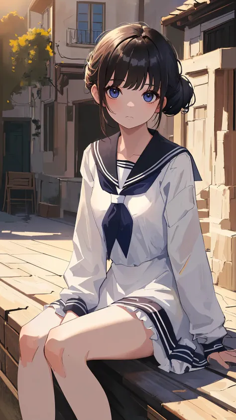 (masterpiece:1.4),(best quality:1.4),(absurdres:1.4),(looking at viewer),(intricate details:1.2), (extremely detailed:1.2), town,
outdoors, (shiny skin:1.2), 1girl, (cinematic lighting), (detailed background:1.2),
bangs, sleek, chignon,
day with sunlight,
sad face,
cowboy shot,
sitting,
bare legs,
sailor collor,
black hair with dark eyes,
