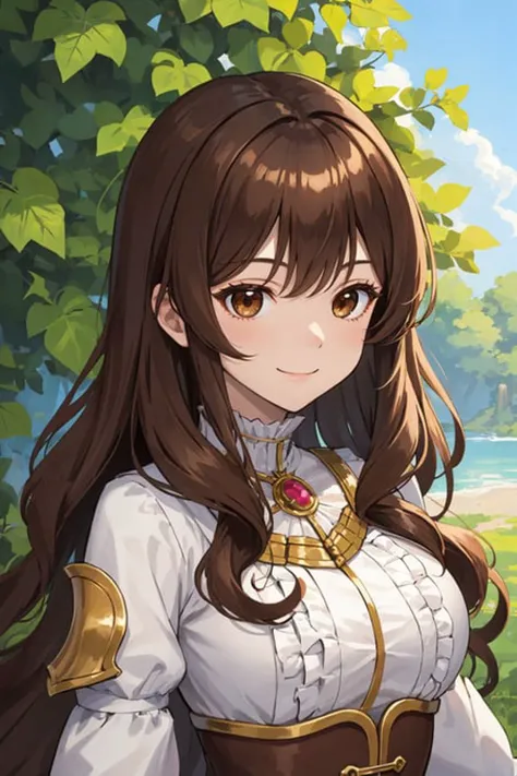 masterpiece, best quality, fantasy, 1girl, knight, frills, metal, happy face, brown eyes, brown hair, outdoors, wavy hair, long hair, bright skin, shiny skin,