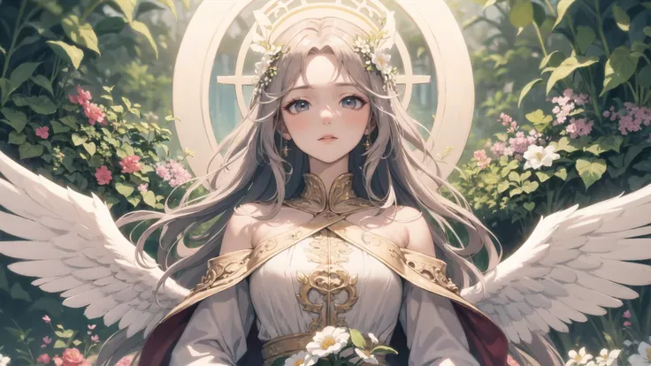 best quality, masterpiece,angelic, ethereal, graceful, heavenly beings, delicate facial features, flowing hair, feathered wings, divine aura, serene expressions, heavenly light, ornate halos, flowing robes, intricate details, soft color palette, pastel hues, blooming flowers, idyllic garden setting, dreamy atmosphere, art nouveau-inspired, elegant lines, decorative elements, subtle textures, romantic mood, divine beauty