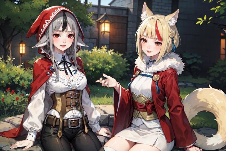 Masterpiece, best quality, absurdres, wallpaper, game cg, 2girls, sitting, cowboy shot, forest in the background, AND 2girls, velouria_fates, red eyes, gray hair, multicolored hair, animal ears, red hood, black pants, light smile, sitting, cowboy shot, <lora:velouriaV2:1>, AND 2girls, selkie fe, red japanese clothes, fur trim, smiling, sitting, cowboy shot, <lora:selkie-fef:0.8>