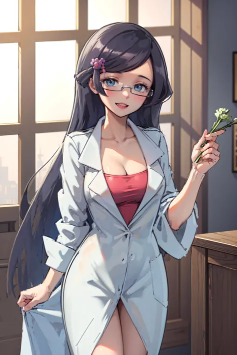 Masterpiece, absurdres, best quality, fennel_pk, standing, glasses, labcoat, very long hair, hair clip, cowboy shot, light smile, <lora:Fennel_PK:1>