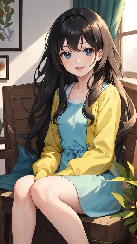 looking at viewer, (masterpiece:1.4), (best quality:1.4), indoors, sitting, {long hair|short hair}, (wavy hair:0.9), (happy face),
sunlight, shiny skin, black hair, {day|dawn|night|mornig},