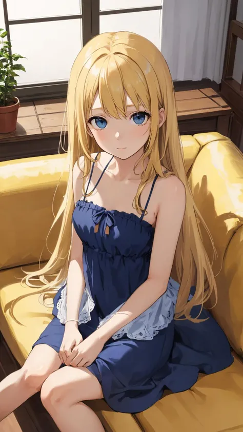 {from above|top view},
(masterpiece),(best quality),
looking at viewer,
long hair, (wavy hair:0.85),
indoors,
{(blonde hair and blue eyes)|(black hair and black eyes)},
sitting on sofa, (character on front:1.2), {dress|skirt},