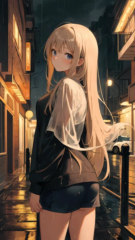 (masterpiece,best quality), looking at viewer,
long hair, (wavy hair:0.8),
{upper body|cowboy shot},
rainy, night, town, wet,