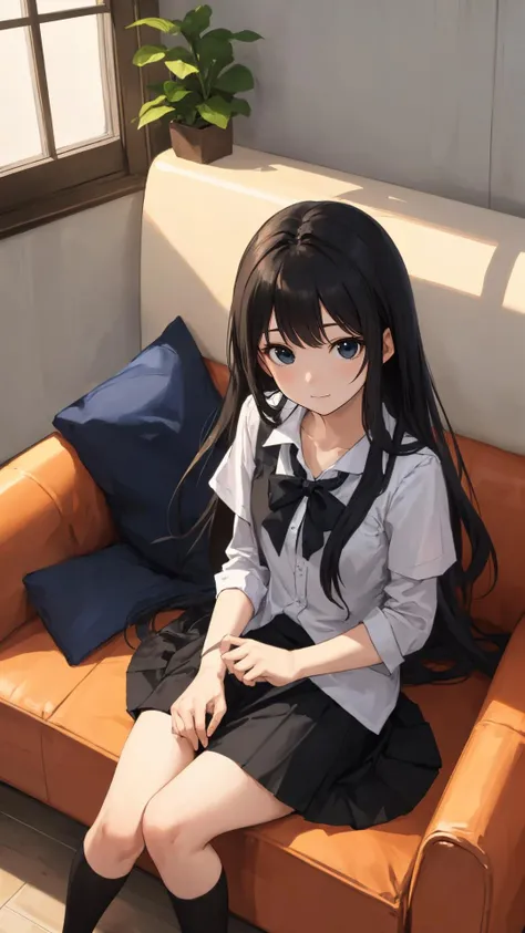 Anime girl sitting on a couch with a black hair and a white shirt ...