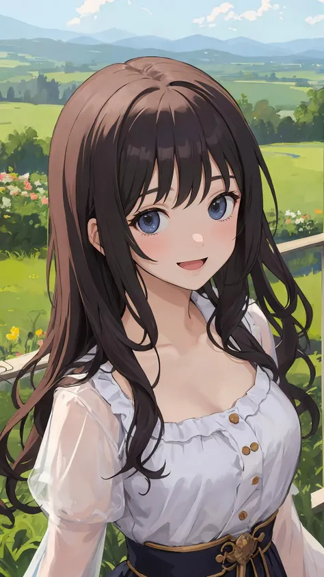 {from above|top view},
(masterpiece),(best quality),
looking at viewer,
long hair, (wavy hair:0.9),
(character on front:1.2), {dress|skirt},
outdoors, happy face, upper body,
