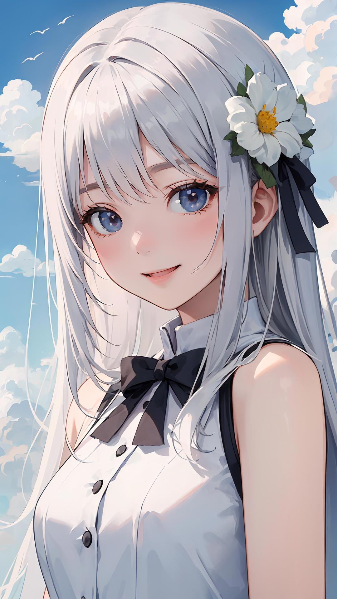 Anime girl with long white hair and a flower in her hair - SeaArt AI