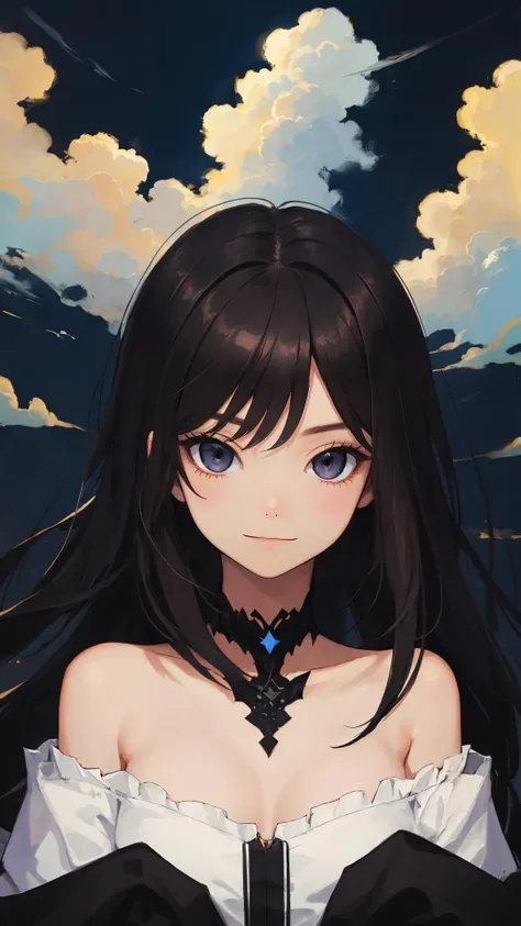 (masterpiece),(best quality), girl, looking at viewer, dark eyes, dark hair, (cloudy:1.2), upper body, (black theme), {curious face|happy face},off shoulder,
character on center,