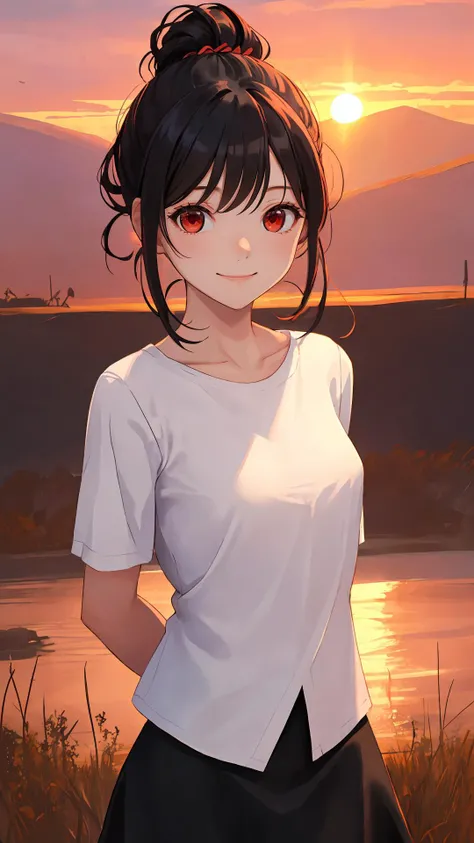 {Voluminous updo|natural wavy|upd|pixie cut}, looking at viewer, outdoors, happy face, red eyes, black hair, 1girl, small breasts, arms behind back, (cinematic:0.7), cowboy shot, tight skirt,
sunset,