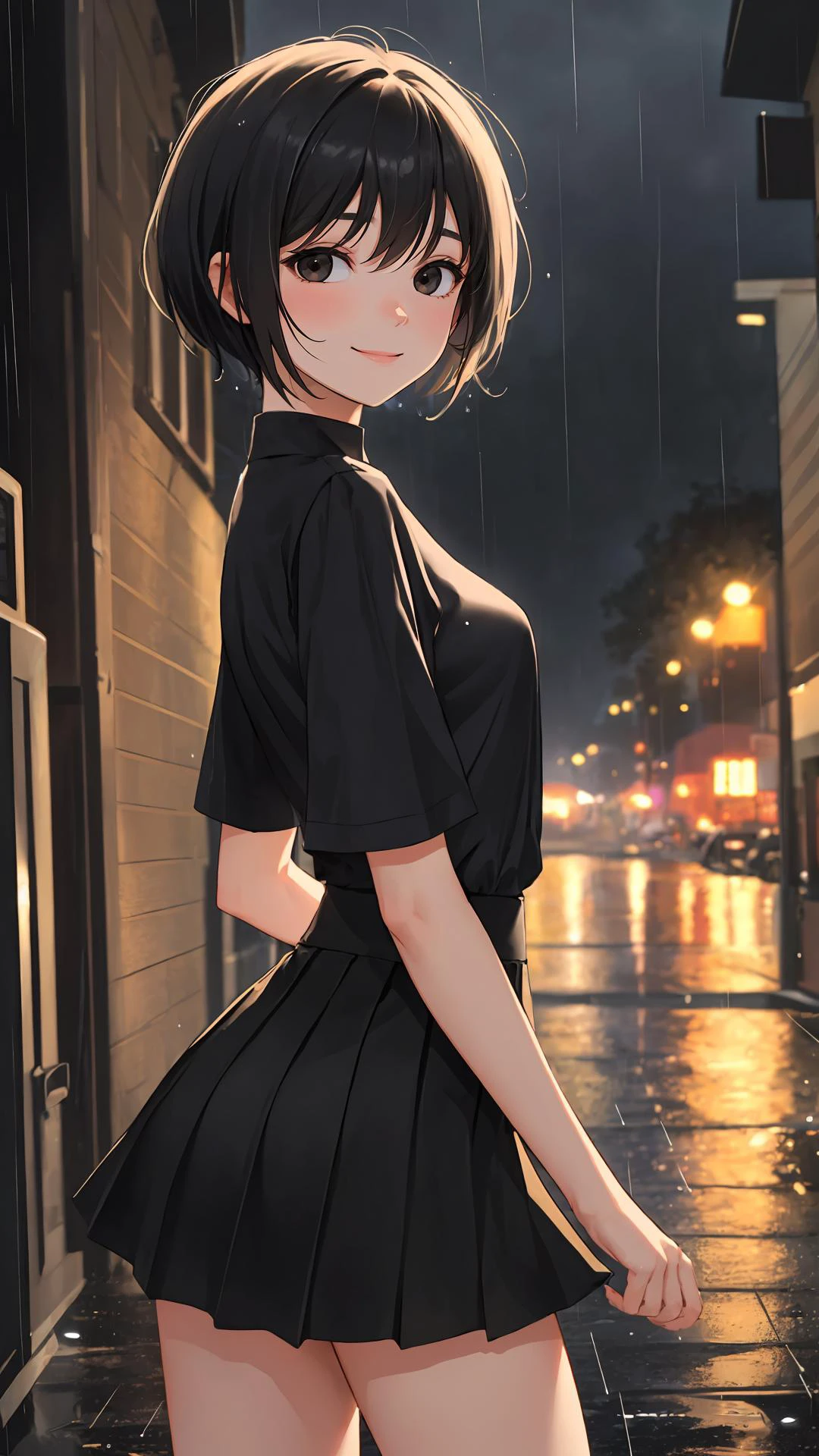 {Voluminous updo|natural wavy|upd|pixie cut}, looking at viewer, outdoors, happy face, light black eyes, black hair, 1girl, small breasts, (cinematic:0.7), cowboy shot,
tight skirt, rainy day, (wet:0.7),
{arms behind back|hands in hands in pockets|hands on hip},