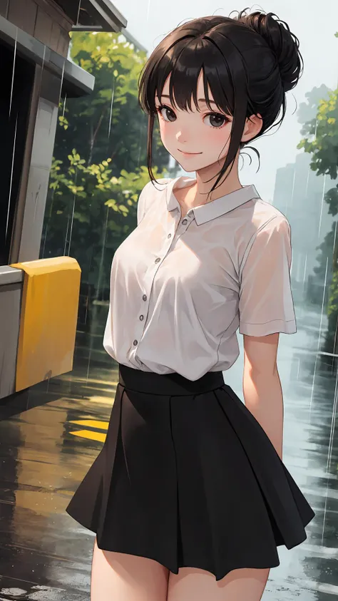 {Voluminous updo|natural wavy|upd|pixie cut}, looking at viewer, outdoors, happy face, light black eyes, black hair, 1girl, small breasts, (cinematic:0.7), cowboy shot,
tight skirt, rainy day, (wet:0.7),
{arms behind back|hands in hands in pockets|hands on hip},
