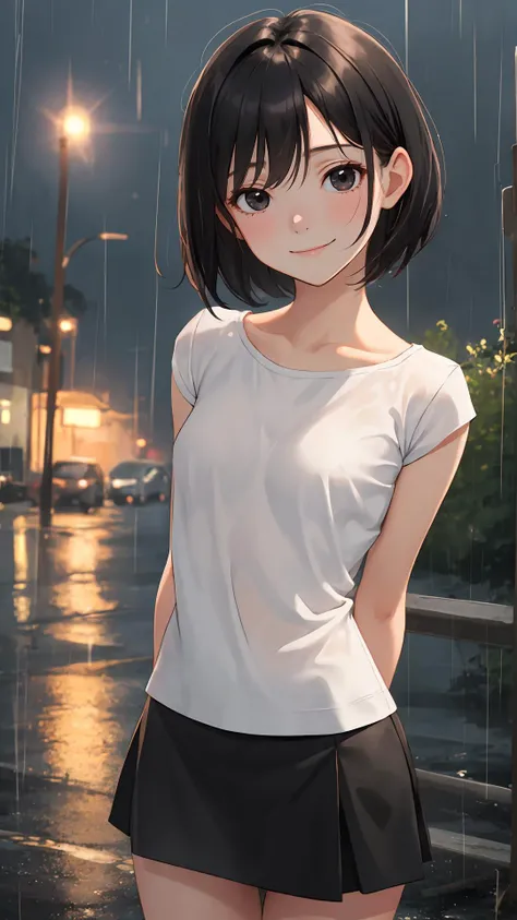 {Voluminous updo|natural wavy|upd|pixie cut}, looking at viewer, outdoors, happy face, light black eyes, black hair, 1girl, small breasts, (cinematic:0.7), cowboy shot,
tight skirt, rainy day, (wet:0.7),
{arms behind back|hands in hands in pockets|hands on hip},