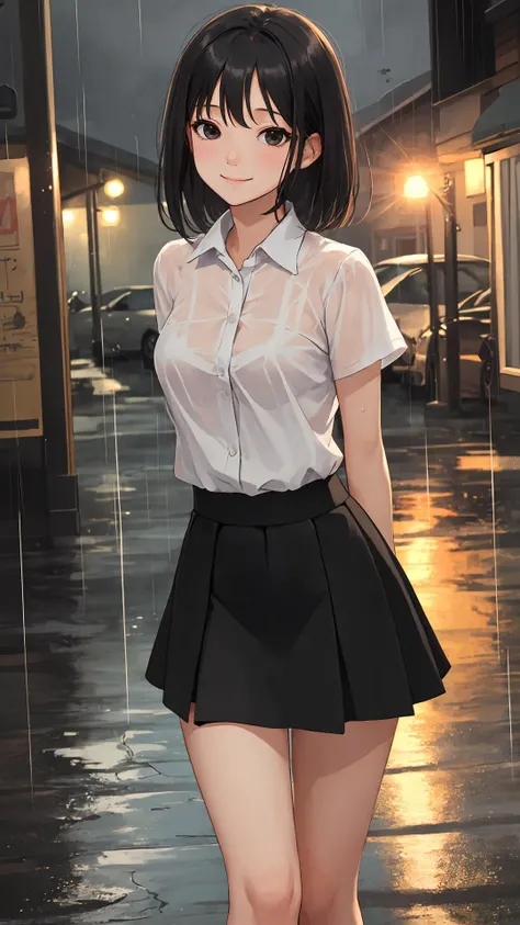 {Voluminous updo|natural wavy|upd|pixie cut}, looking at viewer, outdoors, happy face, light black eyes, black hair, 1girl, small breasts, (cinematic:0.7), cowboy shot,
tight skirt, rainy day, (wet:0.7),
{arms behind back|hands in hands in pockets|hands on hip},