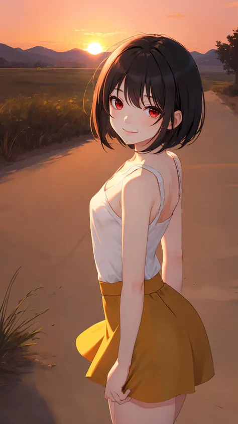 {Voluminous updo|natural wavy|upd|pixie cut}, looking at viewer, outdoors, happy face, red eyes, black hair, 1girl, small breasts, arms behind back, (cinematic:0.7), cowboy shot, tight skirt,
sunset,