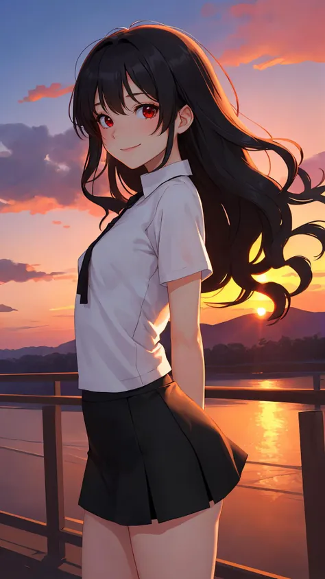 {Voluminous updo|natural wavy|upd|pixie cut}, looking at viewer, outdoors, happy face, red eyes, black hair, 1girl, small breasts, arms behind back, (cinematic:0.7), cowboy shot, tight skirt,
sunset,