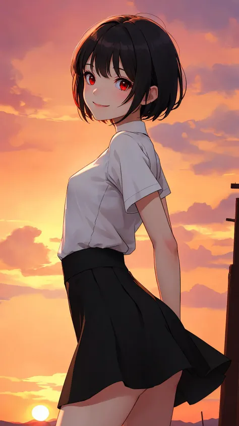 {Voluminous updo|natural wavy|upd|pixie cut}, looking at viewer, outdoors, happy face, red eyes, black hair, 1girl, small breasts, arms behind back, (cinematic:0.7), cowboy shot, tight skirt,
sunset,