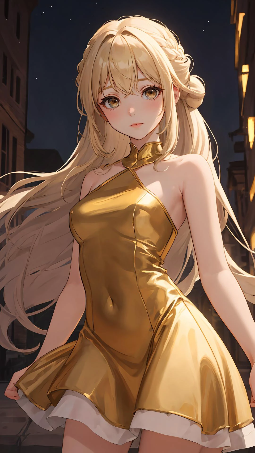 {Voluminous updo|natural wavy|upd|pixie cut}, looking at viewer, (cinematic:0.7), depth of field,
masterpiece, best quality, outdoors, night, (character on front:1.3),
ivory hair, gold eyes,