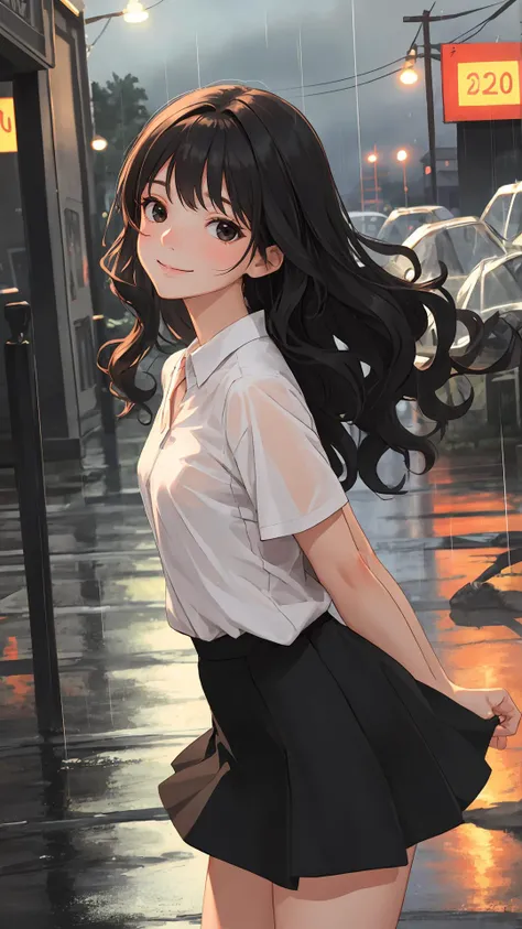 {Voluminous updo|natural wavy|upd|pixie cut}, looking at viewer, outdoors, happy face, light black eyes, black hair, 1girl, small breasts, (cinematic:0.7), cowboy shot,
tight skirt, rainy day, (wet:0.7),
{arms behind back|hands in hands in pockets|hands on hip},
