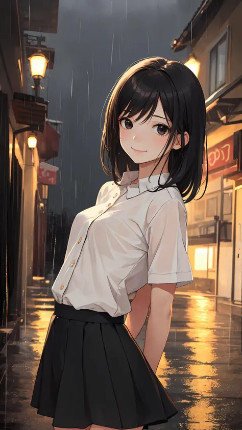 {Voluminous updo|natural wavy|upd|pixie cut}, looking at viewer, outdoors, happy face, light black eyes, black hair, 1girl, small breasts, (cinematic:0.7), cowboy shot,
tight skirt, rainy day, (wet:0.7),
{arms behind back|hands in hands in pockets|hands on hip},