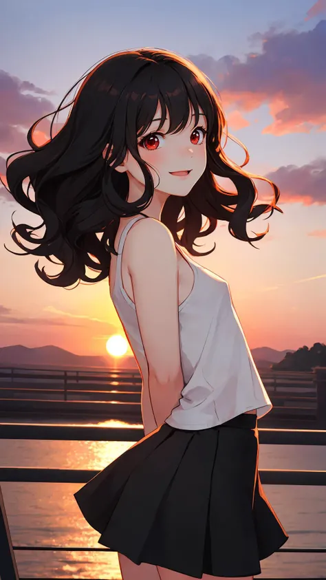 {Voluminous updo|natural wavy|upd|pixie cut}, looking at viewer, outdoors, happy face, red eyes, black hair, 1girl, small breasts, arms behind back, (cinematic:0.7), cowboy shot, tight skirt,
sunset,