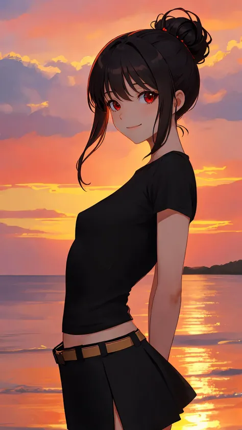 {Voluminous updo|natural wavy|upd|pixie cut}, looking at viewer, outdoors, happy face, red eyes, black hair, 1girl, small breasts, arms behind back, (cinematic:0.7), cowboy shot, tight skirt,
sunset,