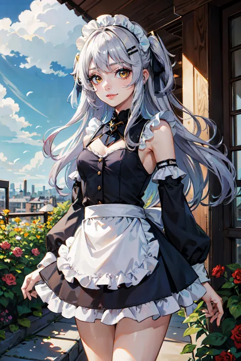 best quality:1.3, high quality, absurdres, 1 girl, solo, (henya, vshojo), <lora:HENYA_v2:0.55>, leaning back, grey hair, colored eyelashes, yellow eyes, shiny eyes, small breasts, bare shoulders, navel, (lace detail:1.2, maid, miniskirt, maid apron, patterned clothing), hairpin, hair ornament, ribbon, detail background, architecture, garden, flowers, rose, cloudy sky, cowboy shot,