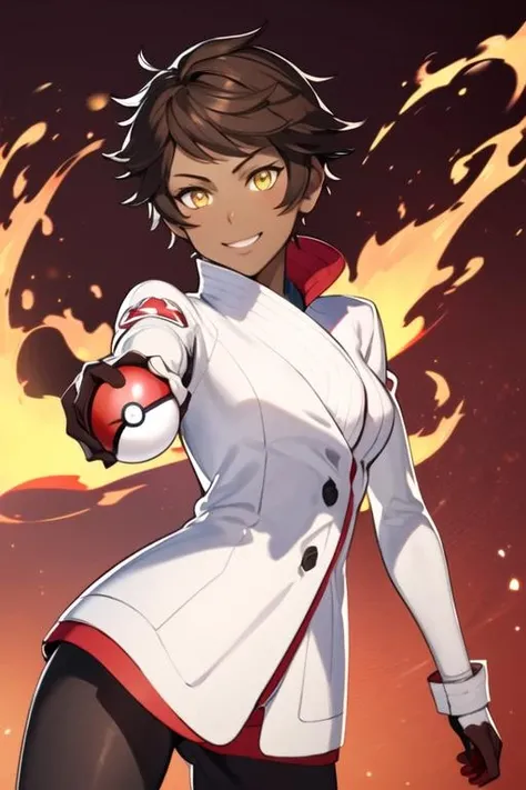 masterpiece, best quality, solo, 1girl, smile, short hair, brown hair, gloves, yellow eyes, pantyhose, dark skin, coat, sunlight, anime coloring <lora:candela_pgo:0.7> red background, fire, holding poke ball, 3d render