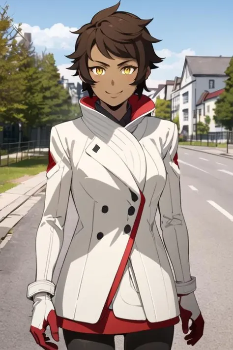 masterpiece, best quality, solo, 1girl, smile, short hair, brown hair, gloves, yellow eyes, pantyhose, dark skin, coat, outdoors, sunlight, anime coloring <lora:candela_pgo:0.7>