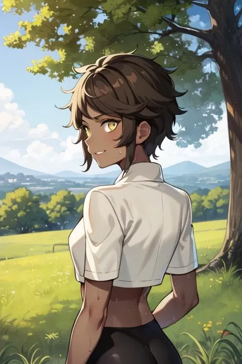 masterpiece, best quality, solo, 1girl, smile, short hair, brown hair, yellow eyes, dark skin, crop top, black leggings, from behind, sweat, outdoors, park, tree, sunlight, anime coloring <lora:candela_pgo:0.7>