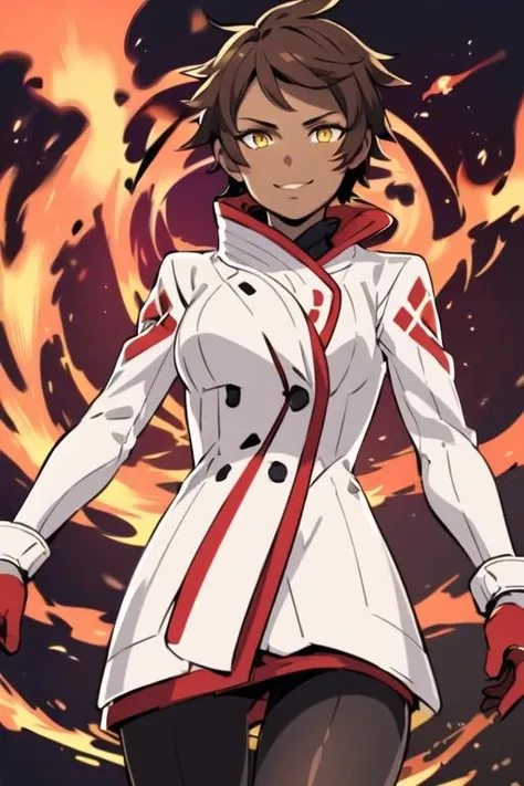 masterpiece, best quality, solo, 1girl, smile, short hair, brown hair, gloves, yellow eyes, pantyhose, dark skin, coat, sunlight, anime coloring <lora:candela_pgo:0.7> red background, fire,