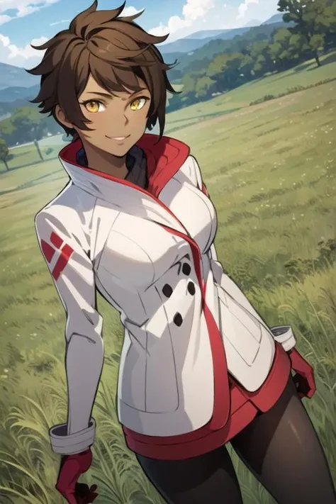 masterpiece, best quality, solo, 1girl, smile, short hair, brown hair, gloves, yellow eyes, pantyhose, dark skin, coat, outdoors, sunlight, anime coloring <lora:candela_pgo:0.7>
