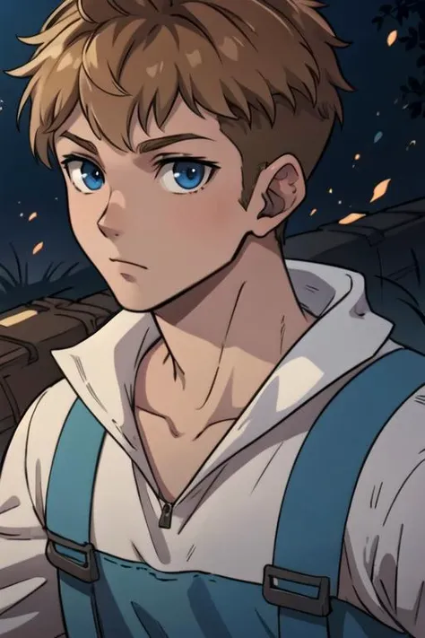 masterpiece, best quality, game cg, 1boy, solo, male focus, looking at viewer, upper body, depth of field, ligne claire, , <lora:roy_kaminaki_sekai:0.74>, roy_kaminaki_sekai, brown hair, blue eyes, , post-apocalyptic,