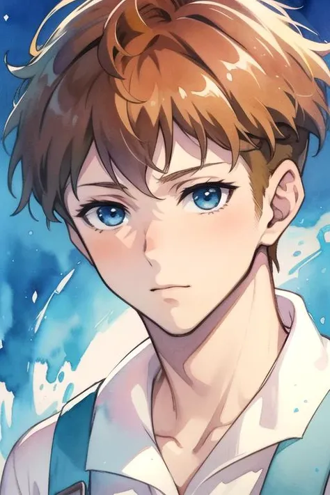 masterpiece, best quality, wallpaper, 1boy, solo, male focus, looking at viewer, upper body, , (watercolor illustration, soft pastel colors:1.1), , <lora:roy_kaminaki_sekai:0.74>, roy_kaminaki_sekai, brown hair, blue eyes, , world war 2, 12k resolution