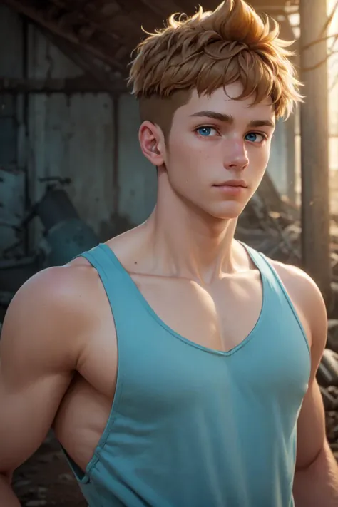 masterpiece, best quality, , 1boy, solo, male focus, looking at viewer, upper body, depth of field, , realistic, <lora:roy_kaminaki_sekai:0.8>, roy_kaminaki_sekai, brown hair, blue eyes, wearing tank top, post-apocalyptic, HD