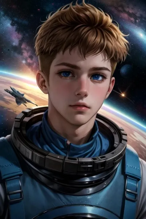 masterpiece, best quality, illustration, 1boy, solo, male focus, looking at viewer, , depth of field, , realistic, <lora:roy_kaminaki_sekai:0.68>, roy_kaminaki_sekai, brown hair, blue eyes, , science fiction space western,