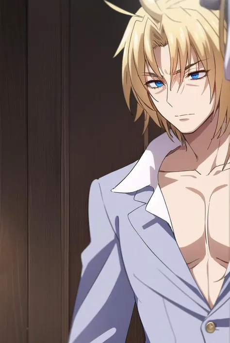 riserphenex, <lora:riser phenex s1-lora-nochekaiser:1>,
riser phenex, blonde hair, closed eyes, male focus, blue eyes, (parted bangs:1.5),
BREAK shirt, white shirt, collar shirt, high collar, blazer, red blazer, pants, red pants,
BREAK indoors,
BREAK looking at viewer, (cowboy shot:1.5),
BREAK <lyco:GoodHands-beta2:1>, (masterpiece:1.2), best quality, high resolution, unity 8k wallpaper, (illustration:0.8), (beautiful detailed eyes:1.6), extremely detailed face, perfect lighting, extremely detailed CG, (perfect hands, perfect anatomy),