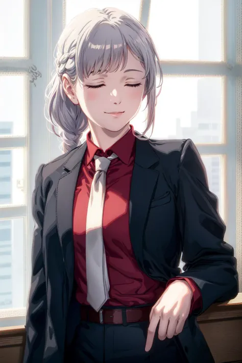 ultra realistic 8k cg, masterpiece, ((ultra detailed background, delicate pattern, intricate detail)), (highly detailed, fine details), best quality, 1girl, (photorealistic:1.4),beautiful lighting, absurdres, RAW photo, film grain, csm anime style, 1girl, solo, necktie, smile, braid, looking at viewer,(ak12suit:1.2),black coat, shirt, white necktie, collared shirt, braided ponytail, red shirt, silver hair, breasts, full body, small breasts, bangs, window, formal, closed eyes, sidelocks, light smile, office lady, medium hair, business suit, suit, ((masterpiece)), <lora:csm_anime_style_offset:0.6>, <lora:AK12:0.7>